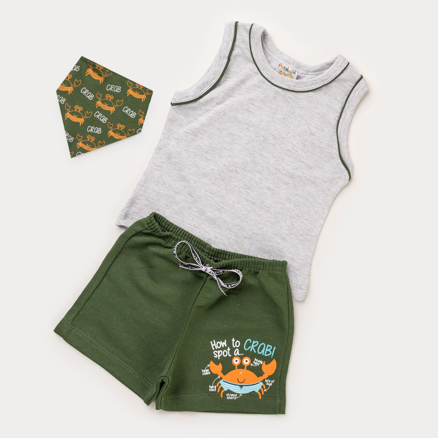 Conjunto Bebê Menino Regata Cinza com Babador e Bermuda Verde Siri