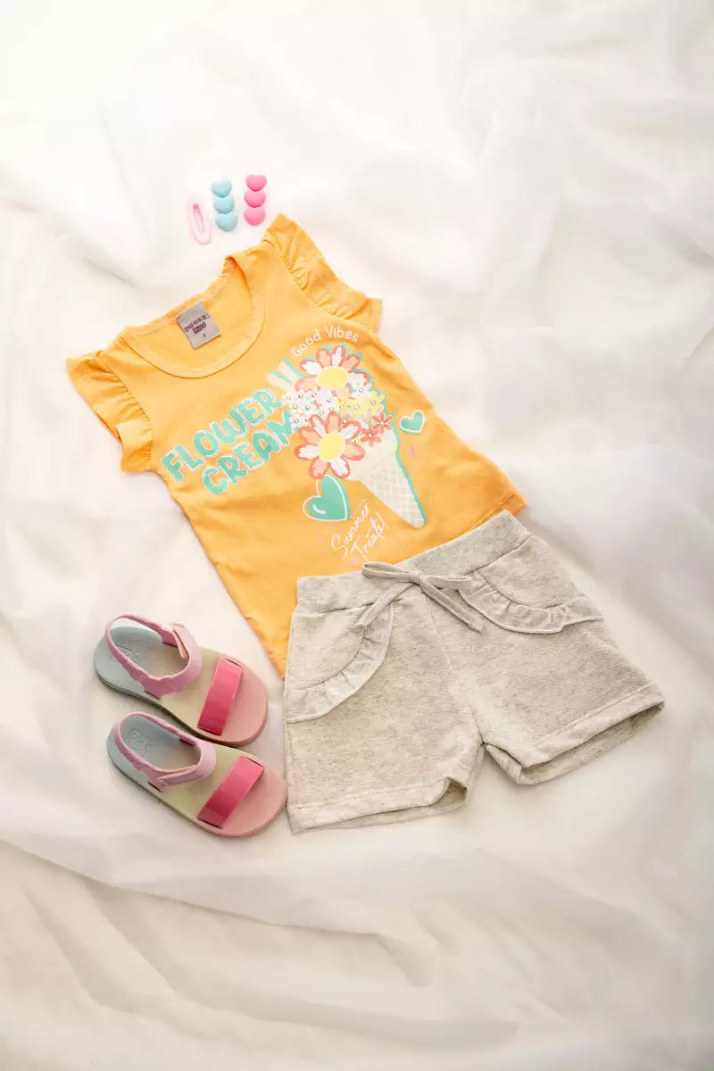 Conjunto de Verão Infantil Feminino Florzinhas Salmão