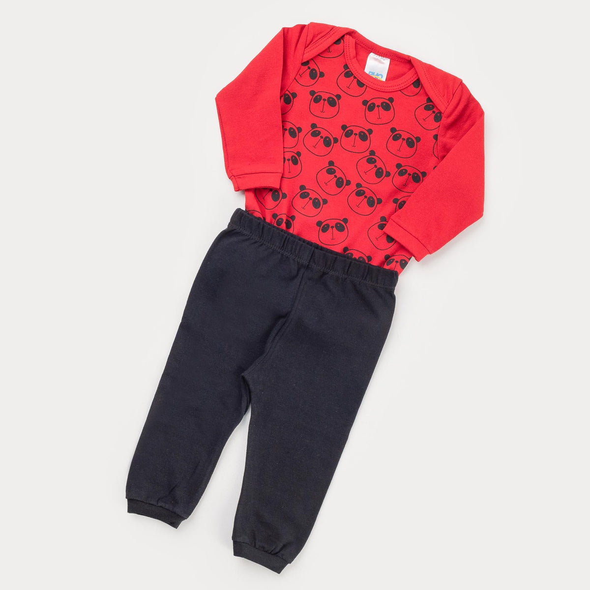 Conjunto de Inverno para Bebê Menino Body Vermelho Panda e Calça Preta