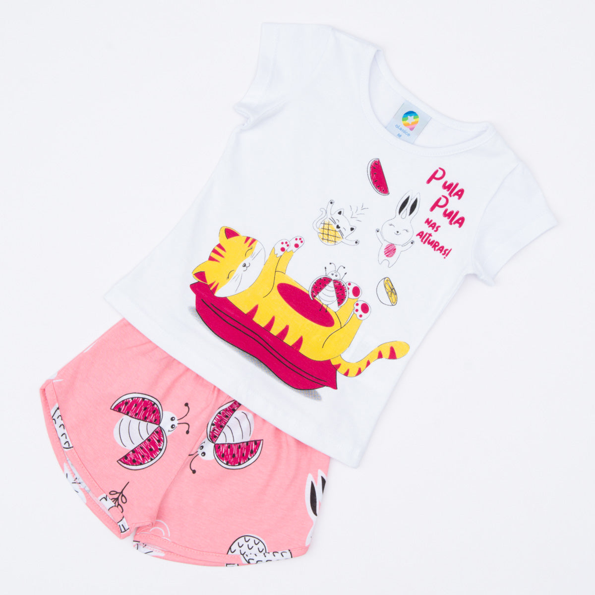 Conjunto de Verão para Bebê Menina Blusa Branca Gatinho e Short Rosa