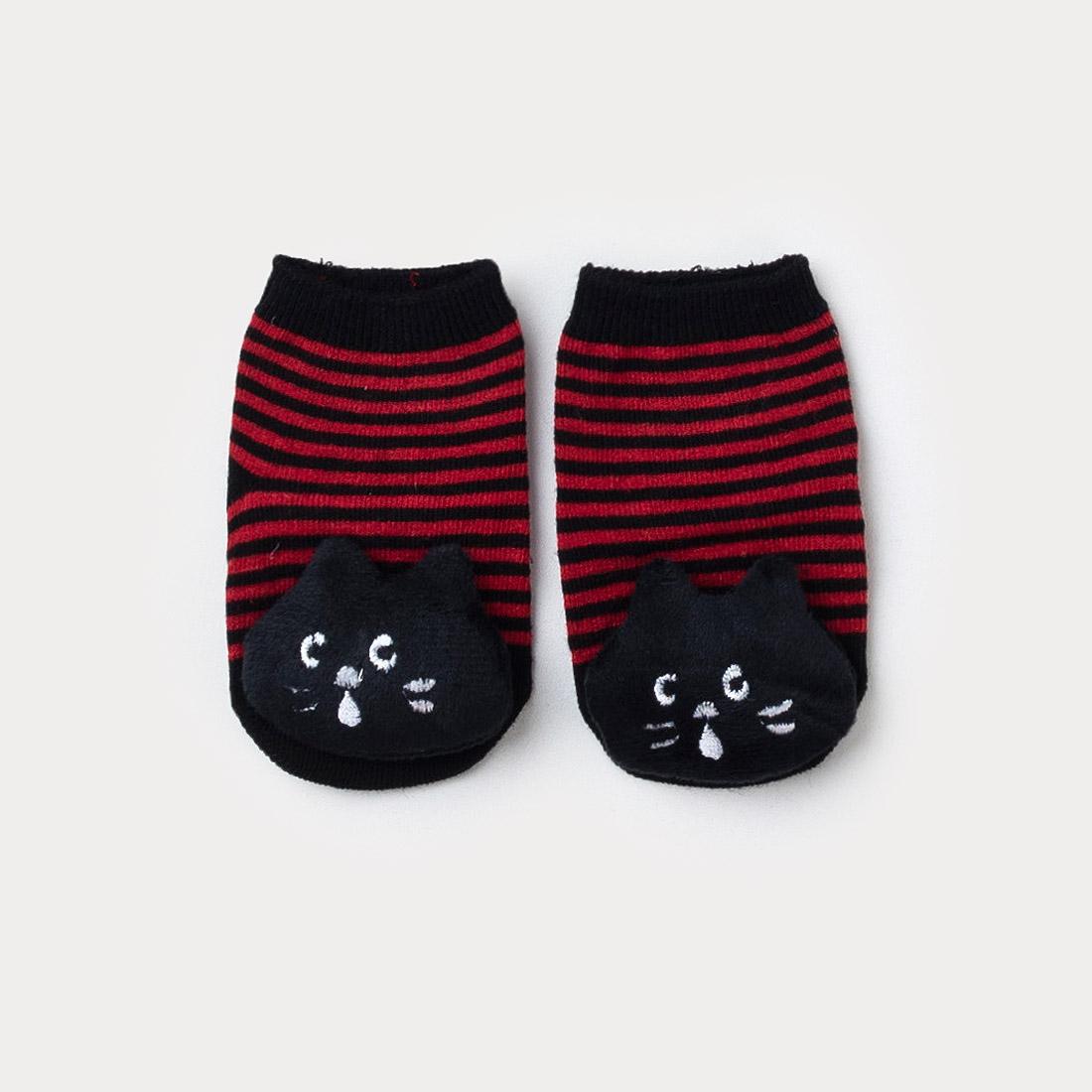 Meia Listrada Vermelha com Preto para Bebê Menino Gatinho com Chocalho