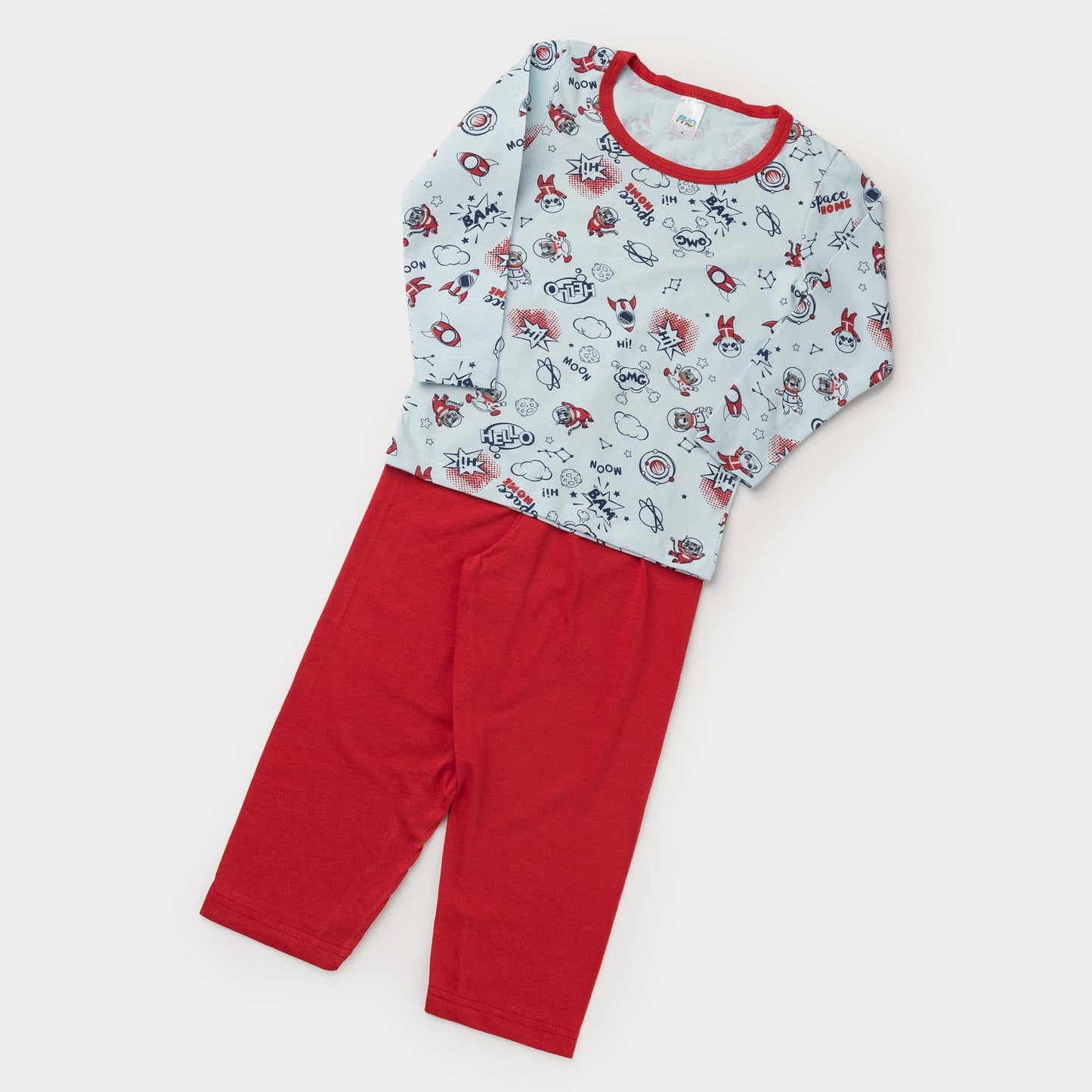 Pijama de Frio Unissex Blusa Manga Longa Foguete e Calça Vermelha