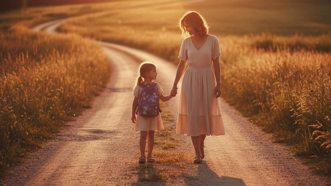 Uma mãe e uma criança caminhando de mãos dadas