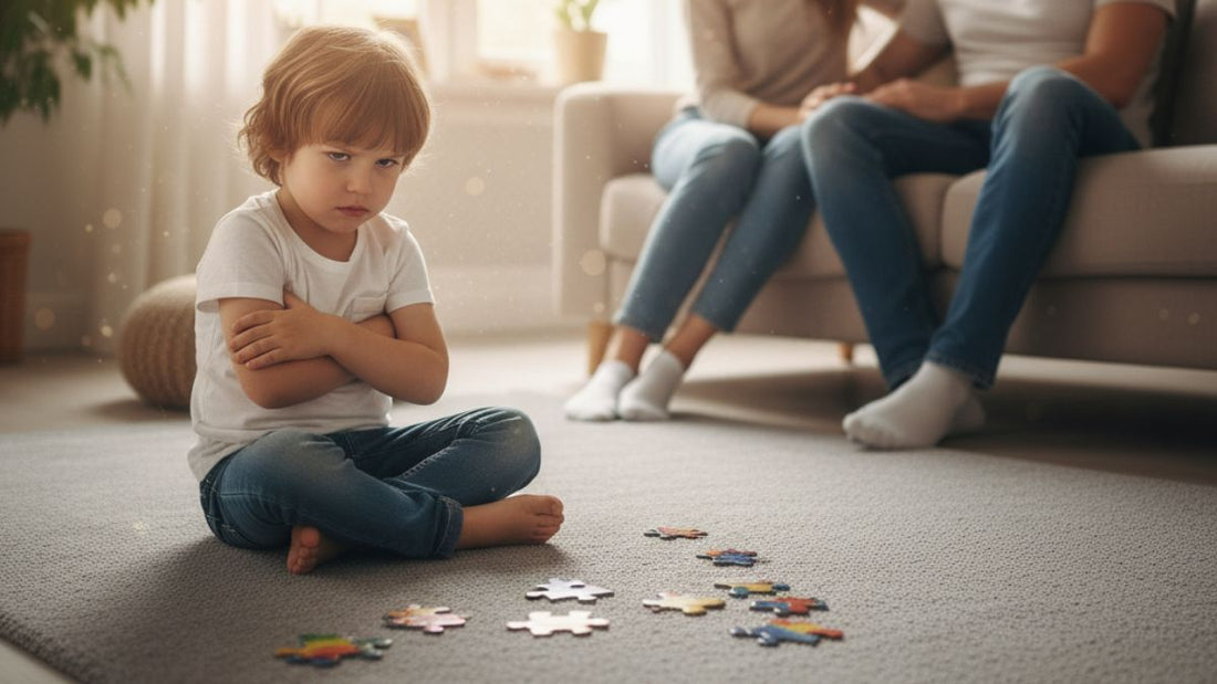 Criança sentada com expressão de frustração enquanto os pais conversam calmamente, mostrando manejo de emoções.