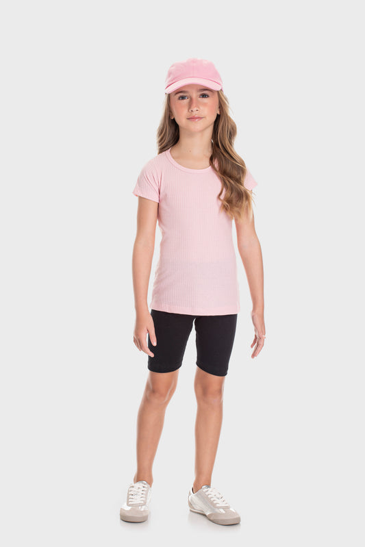 Blusa Básica Canelada Infantil para Menina Rosa