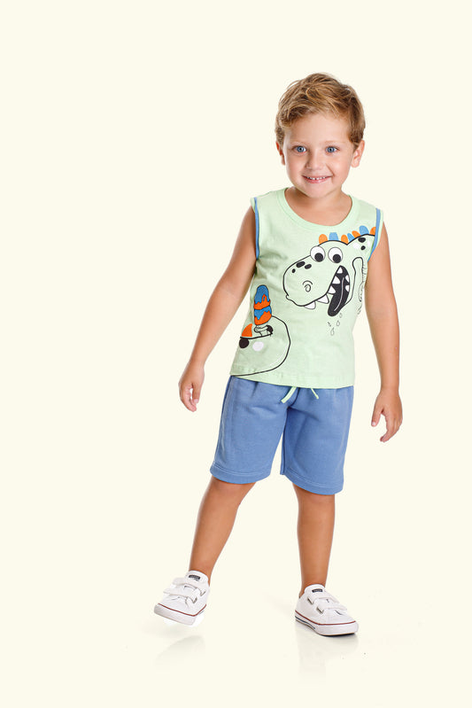 Conjunto Curto para Menino no Verde Dinossauro