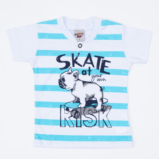 Camiseta Polo Branca Listrada Cachorrinho para Menino