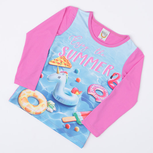 Blusa Infantil Feminina com Proteção UV 50+ Rosa Estampada