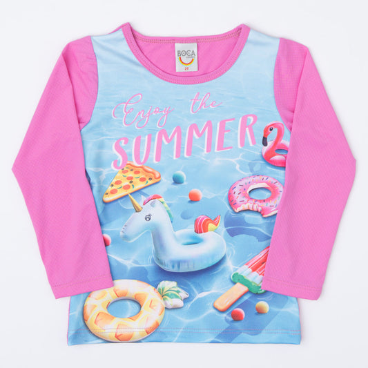 Blusa Infantil Feminina com Proteção UV 50+ Rosa Estampada