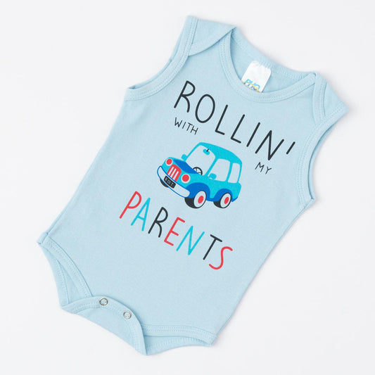 Body Regata Azul para Bebê Menino com Estampa de Carro