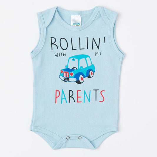 Body Regata Azul para Bebê Menino com Estampa de Carro