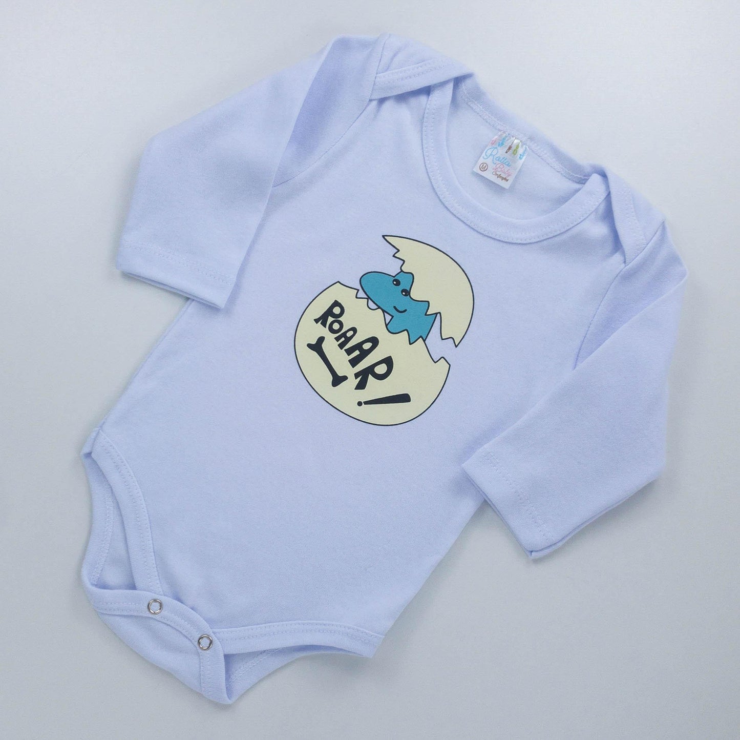 Body Manga Longa Branco Bebê Menino com Estampa de Dino