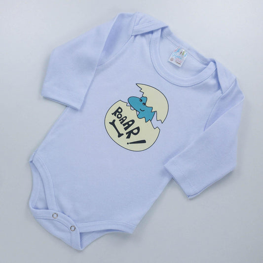Body Manga Longa Branco Bebê Menino com Estampa de Dino