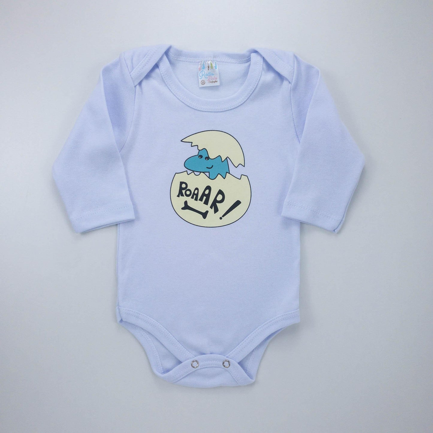 Body Manga Longa Branco Bebê Menino com Estampa de Dino