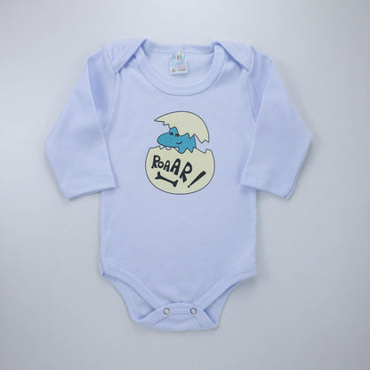 Body Manga Longa Branco Bebê Menino com Estampa de Dino