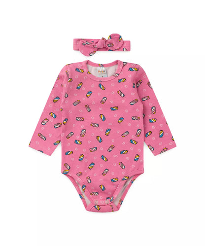 Body de Inverno para Bebê Menina com Faixa de Cabelo Rosa