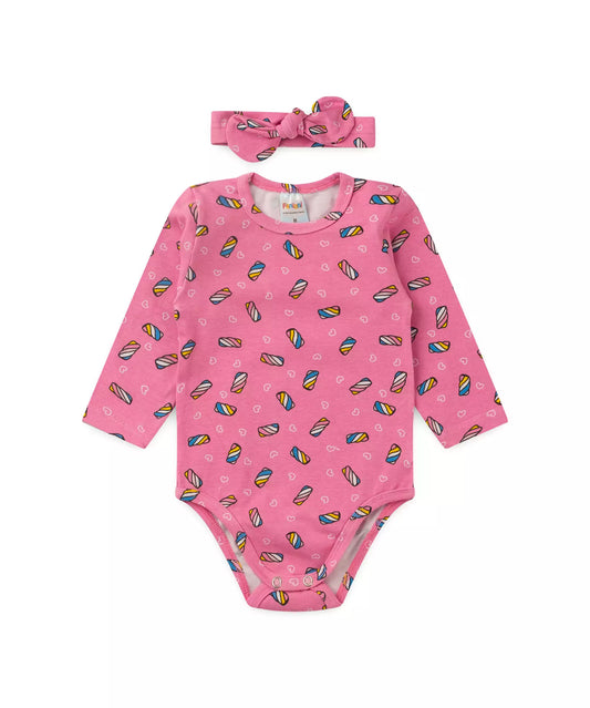 Body de Inverno para Bebê Menina com Faixa de Cabelo Rosa