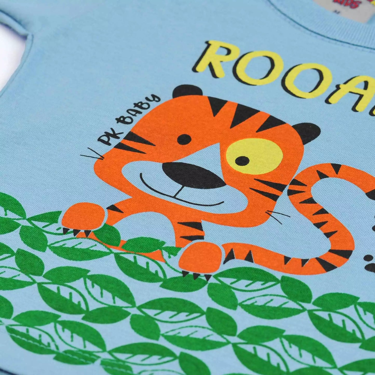 Camiseta Azul para Bebê Menino com Estampa de Tigre