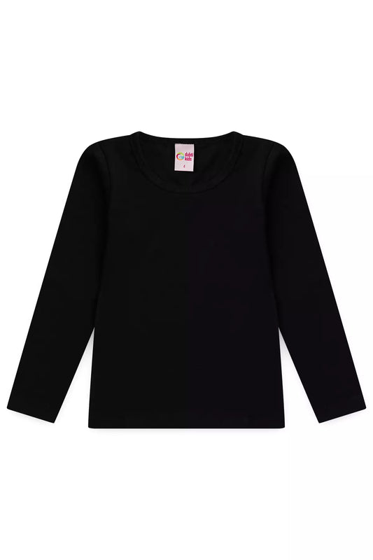 Camiseta Básica Infantil Menina Manga Longa Preto
