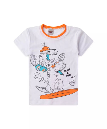 Camiseta de Verão Infantil Masculina Dinossauro Branco