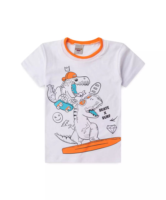 Camiseta de Verão Infantil Masculina Dinossauro Branco