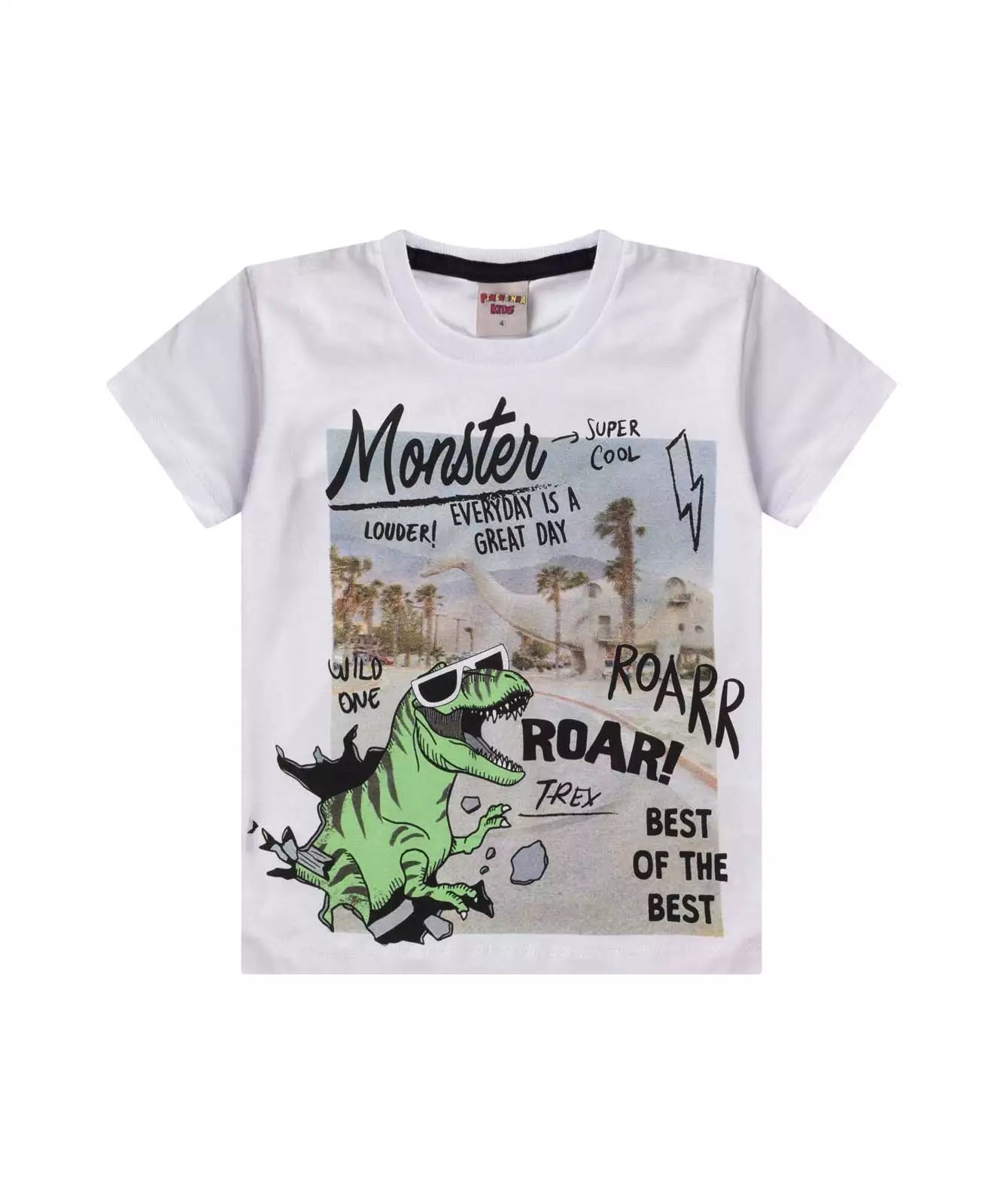 Camiseta Infantil Masculina Dinossauro Branca