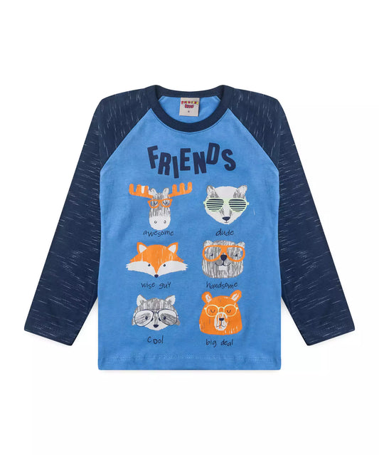 Camiseta Manga Longa Infantil Masculina Bichinhos Azul