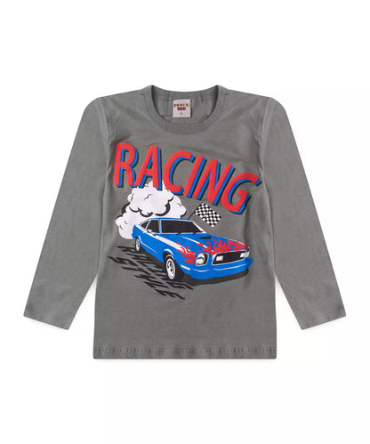 Camiseta Manga Longa Infantil Masculina Carro Cinza