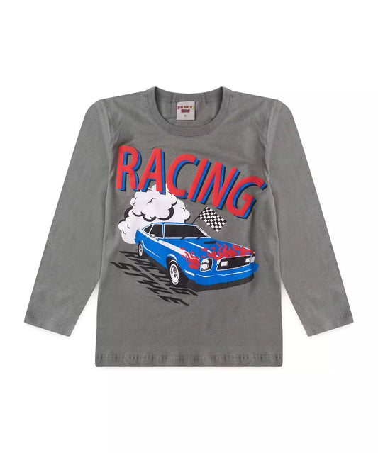 Camiseta Manga Longa Infantil Masculina Carro Cinza