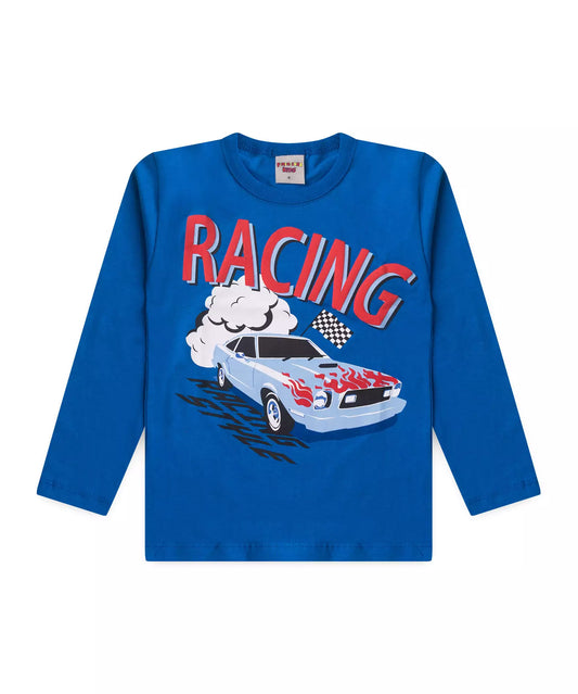 Camiseta Manga Longa Infantil Masculina Carro Marinho