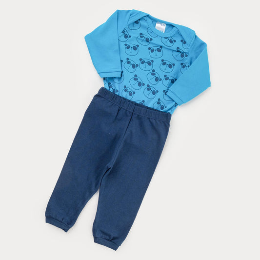 Conjunto de Inverno para Bebê Menino Calça Marinho e Body Azul Panda