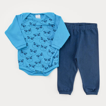 Conjunto de Inverno para Bebê Menino Calça Marinho e Body Azul Panda