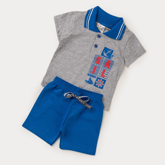 Conjunto Verão Bebê Menino Camiseta Gola Polo Cinza Estampada e Bermuda Azul