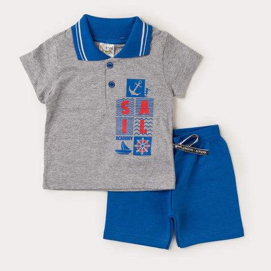 Conjunto Verão Bebê Menino Camiseta Gola Polo Cinza Estampada e Bermuda Azul