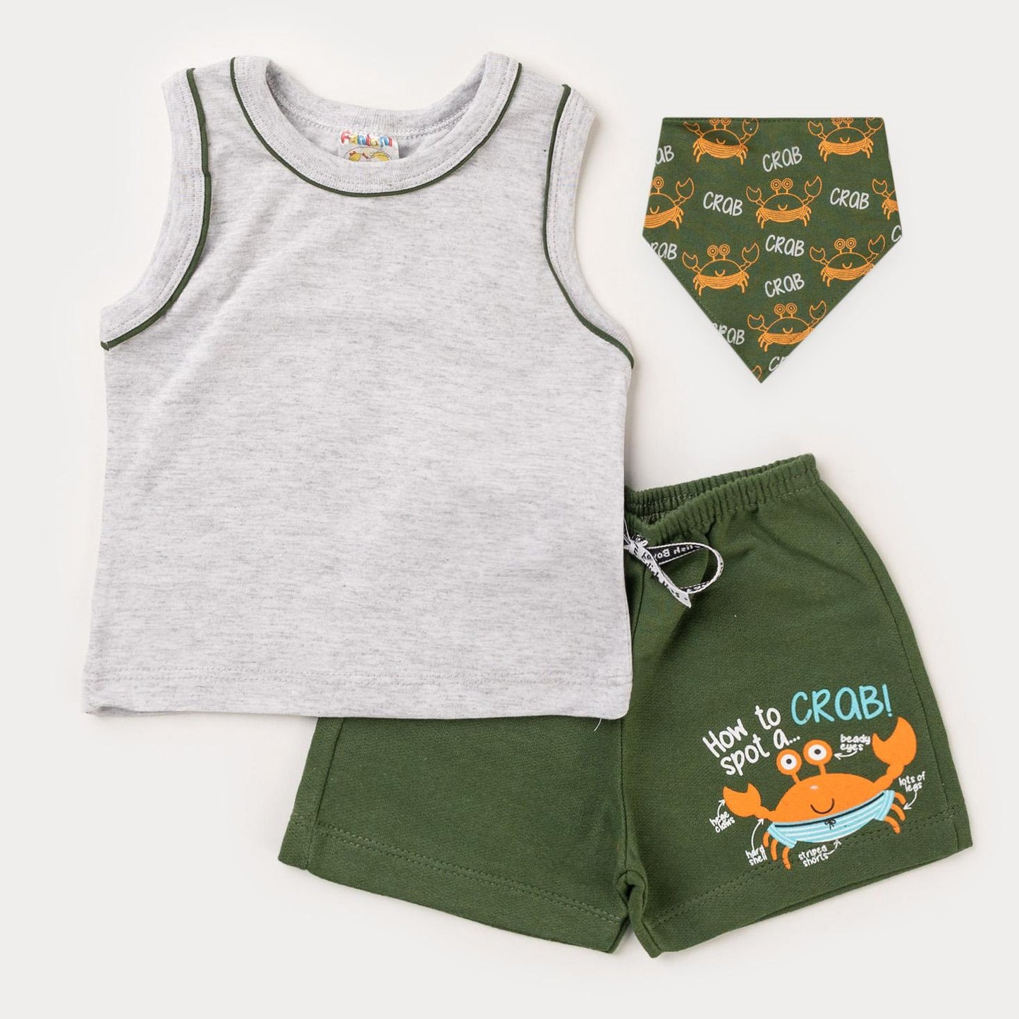 Conjunto Bebê Menino Regata Cinza com Babador e Bermuda Verde Siri