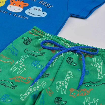Conjunto para Bebê Menino Verão Blusa Azul Animais e Short Verde Estampado