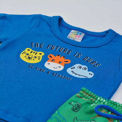 Conjunto para Bebê Menino Verão Blusa Azul Animais e Short Verde Estampado