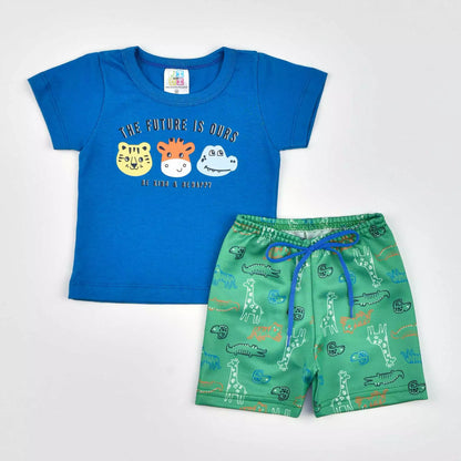 Conjunto para Bebê Menino Verão Blusa Azul Animais e Short Verde Estampado