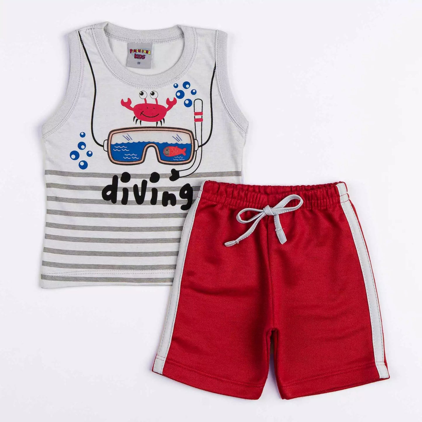 Conjunto para Bebê Menino de Verão Blusa Cinza Siri e Short Vermelho