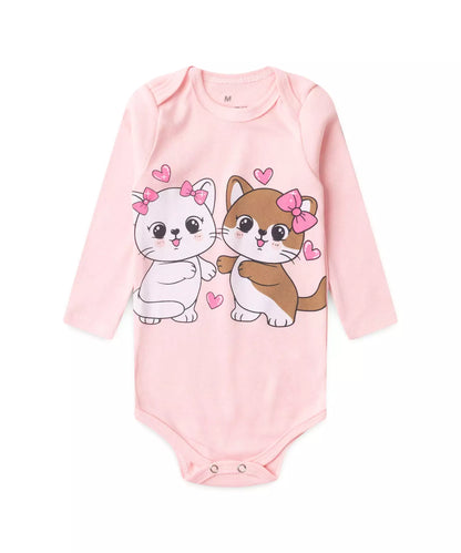 Conjunto Body Bebê Menina Gatinhas Rosa
