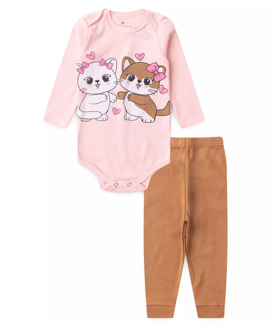 Conjunto Body Bebê Menina Gatinhas Rosa