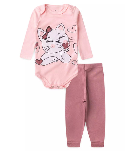 Conjunto Body Bebê Menina Gatinha Beijo Rosa