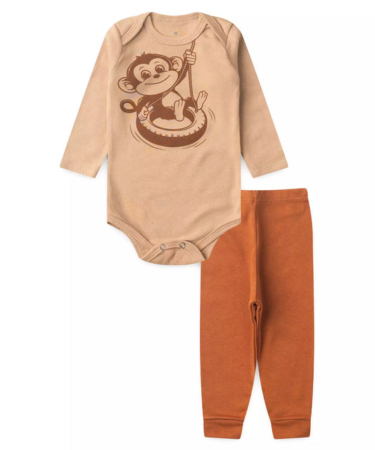 Conjunto Body Bebê Menino Macaquinho Bege