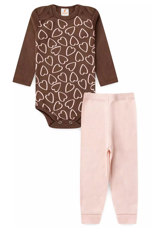 Conjunto Body para Bebê Menina Lovely Hearts Marrom