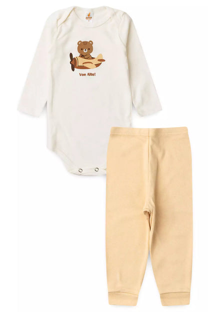 Conjunto Body para Bebê Unissex Ursinho Viajante Marfim