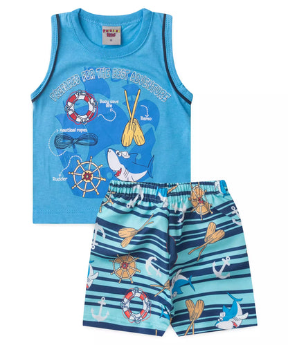 Conjunto Curto Bebê Menino Aventura Marinha Azul