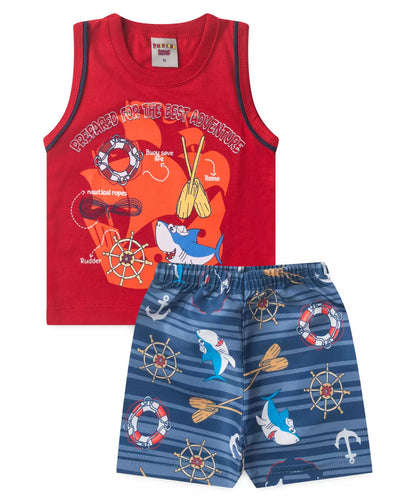 Conjunto Curto Bebê Menino Aventura Marinha Vermelho