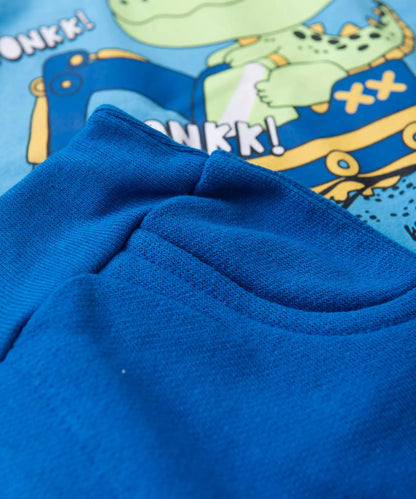 Conjunto Curto Bebê Menino Dino no Trator Azul