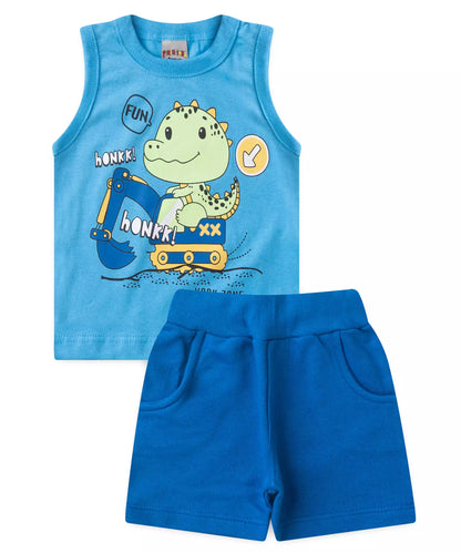 Conjunto Curto Bebê Menino Dino no Trator Azul