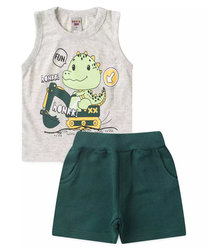 Conjunto Curto Bebê Menino Dino no Trator Mescla